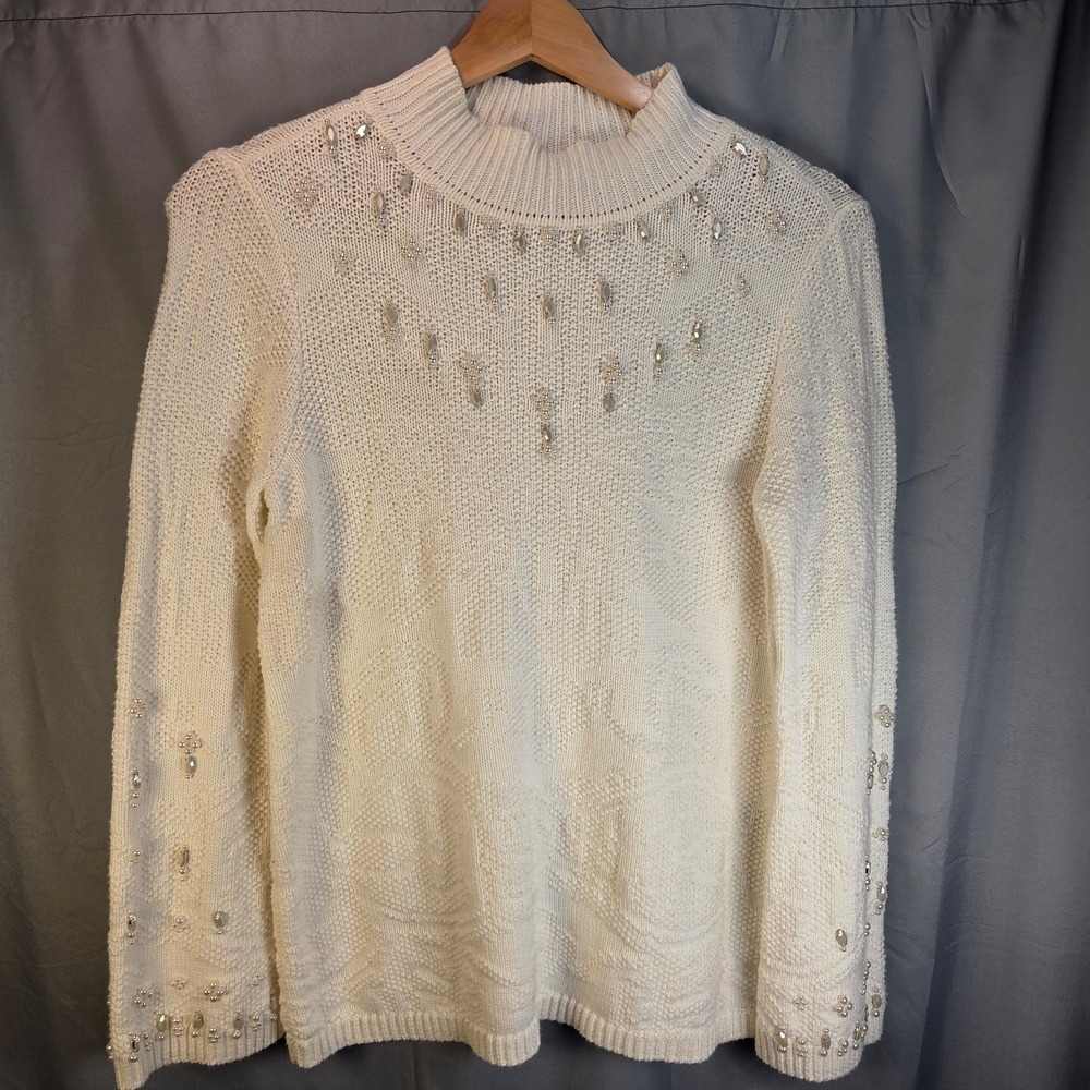 Chico's‎ Cream Women's Size 0 (S)  Beaded Sweater Embellished Mock Neck Pullover